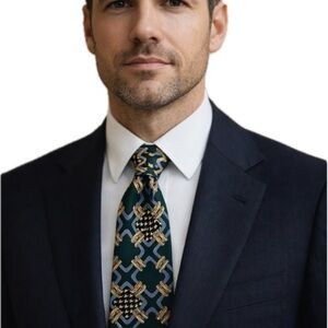 Vintage Elizabeth Nell tie deep green blue and gold chain link pattern